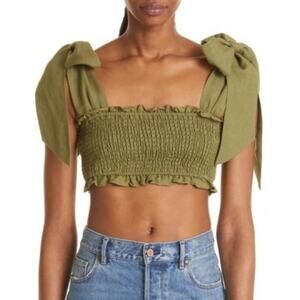 CAMI NYC Benita Smocked Crop Top In Green Large $220 retail (b17)
